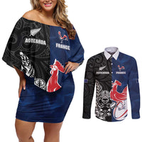 France And New Zealand Rugby Custom Couples Matching Off Shoulder Short Dress and Long Sleeve Button Shirt Les Bleus Rooster With Maori Tiki - Wonder Print Shop