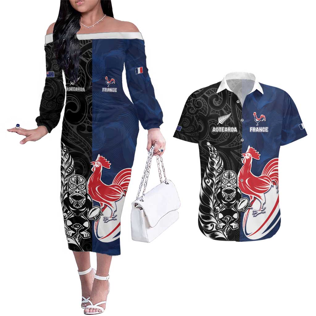 France And New Zealand Rugby Custom Couples Matching Off The Shoulder Long Sleeve Dress and Hawaiian Shirt Les Bleus Rooster With Maori Tiki - Wonder Print Shop