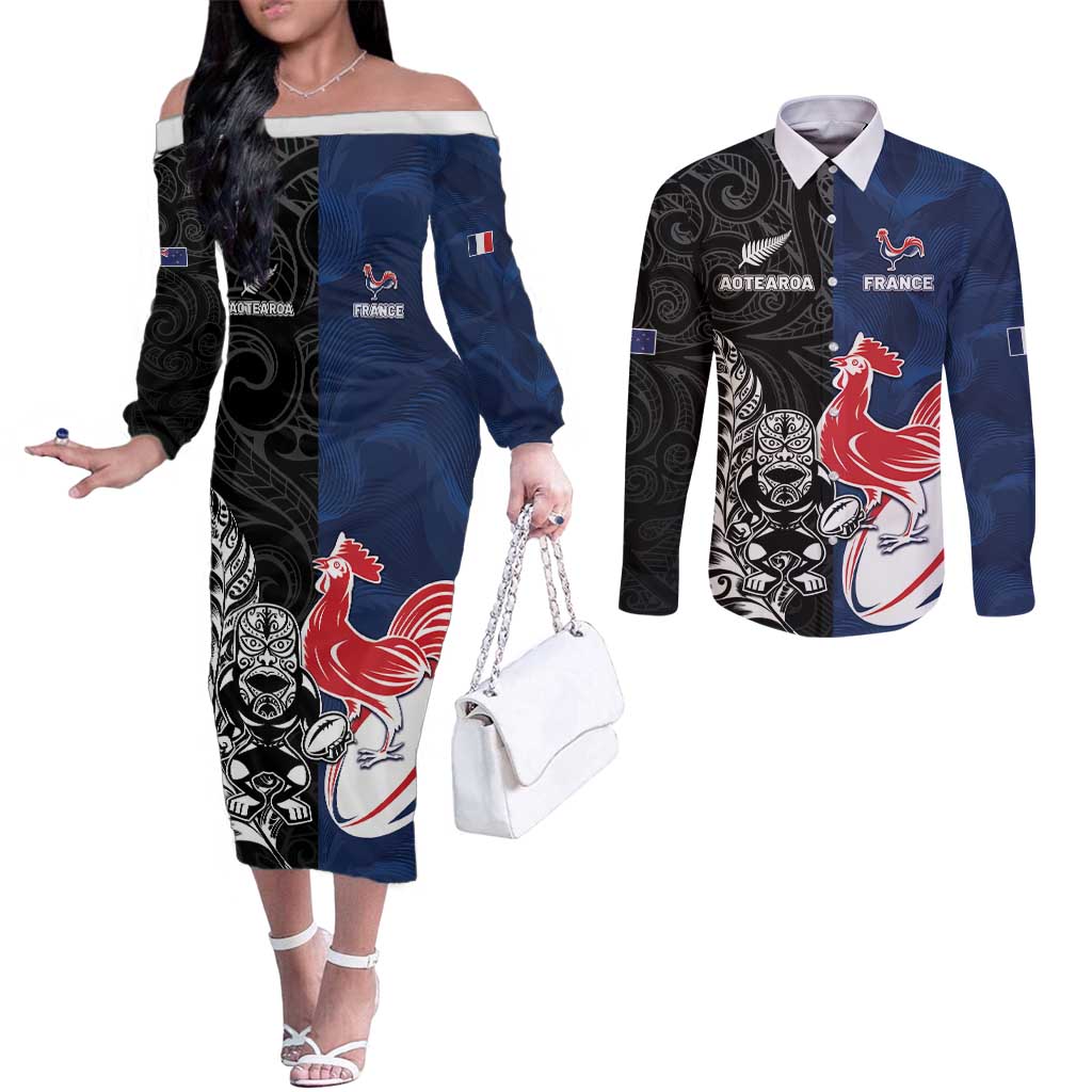 France And New Zealand Rugby Custom Couples Matching Off The Shoulder Long Sleeve Dress and Long Sleeve Button Shirt Les Bleus Rooster With Maori Tiki - Wonder Print Shop