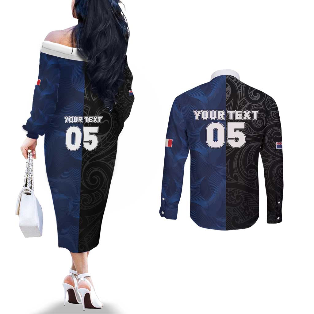 France And New Zealand Rugby Custom Couples Matching Off The Shoulder Long Sleeve Dress and Long Sleeve Button Shirt Les Bleus Rooster With Maori Tiki - Wonder Print Shop