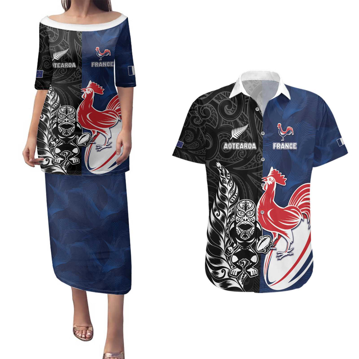 France And New Zealand Rugby Custom Couples Matching Puletasi and Hawaiian Shirt Les Bleus Rooster With Maori Tiki - Wonder Print Shop