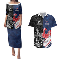 France And New Zealand Rugby Custom Couples Matching Puletasi and Hawaiian Shirt Les Bleus Rooster With Maori Tiki - Wonder Print Shop