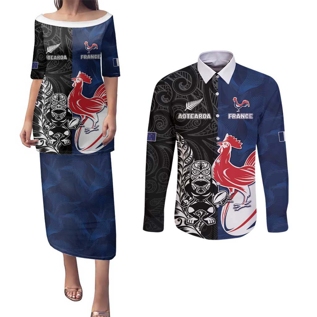 France And New Zealand Rugby Custom Couples Matching Puletasi and Long Sleeve Button Shirt Les Bleus Rooster With Maori Tiki - Wonder Print Shop