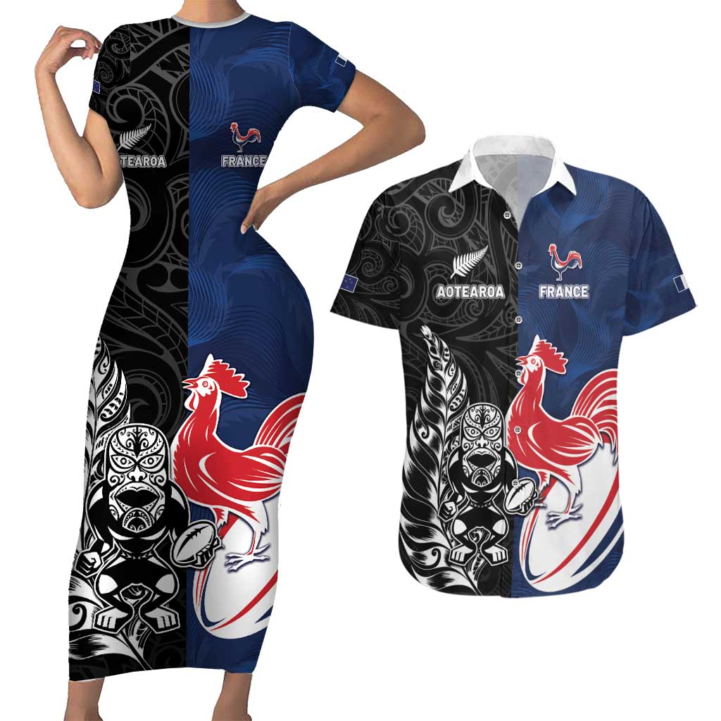 France And New Zealand Rugby Custom Couples Matching Short Sleeve Bodycon Dress and Hawaiian Shirt Les Bleus Rooster With Maori Tiki - Wonder Print Shop
