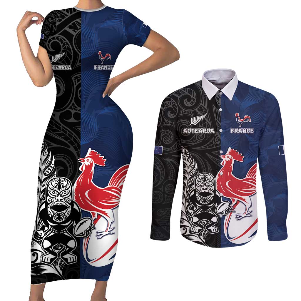 France And New Zealand Rugby Custom Couples Matching Short Sleeve Bodycon Dress and Long Sleeve Button Shirt Les Bleus Rooster With Maori Tiki - Wonder Print Shop