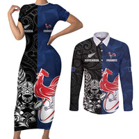 France And New Zealand Rugby Custom Couples Matching Short Sleeve Bodycon Dress and Long Sleeve Button Shirt Les Bleus Rooster With Maori Tiki - Wonder Print Shop