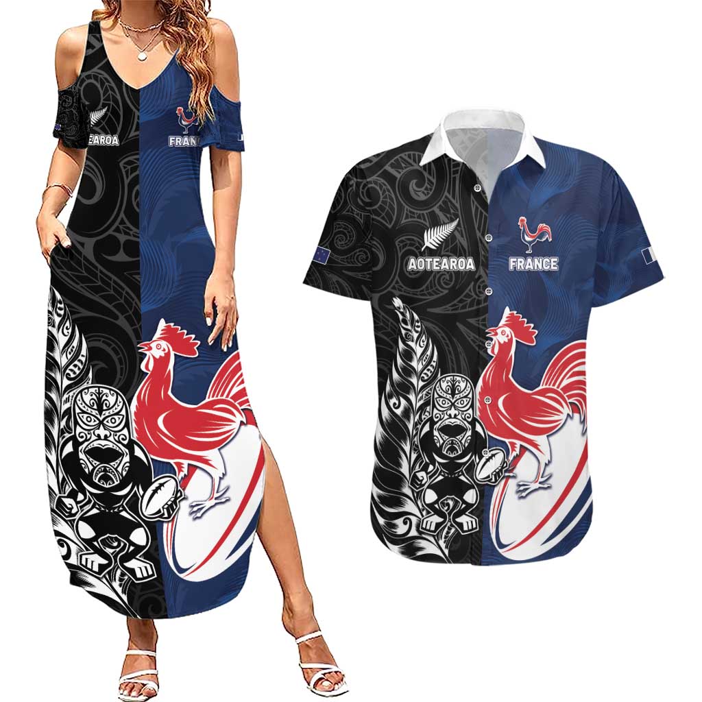 France And New Zealand Rugby Custom Couples Matching Summer Maxi Dress and Hawaiian Shirt Les Bleus Rooster With Maori Tiki - Wonder Print Shop