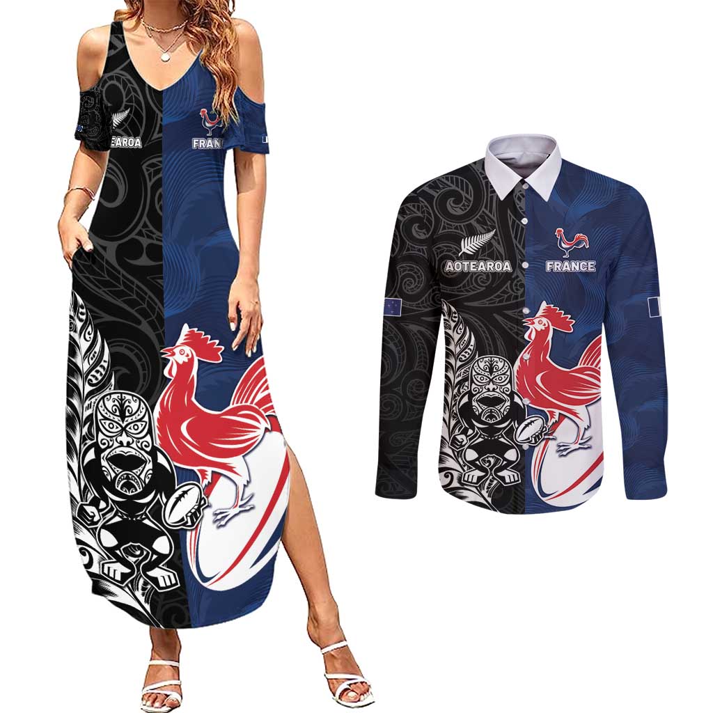 France And New Zealand Rugby Custom Couples Matching Summer Maxi Dress and Long Sleeve Button Shirt Les Bleus Rooster With Maori Tiki - Wonder Print Shop