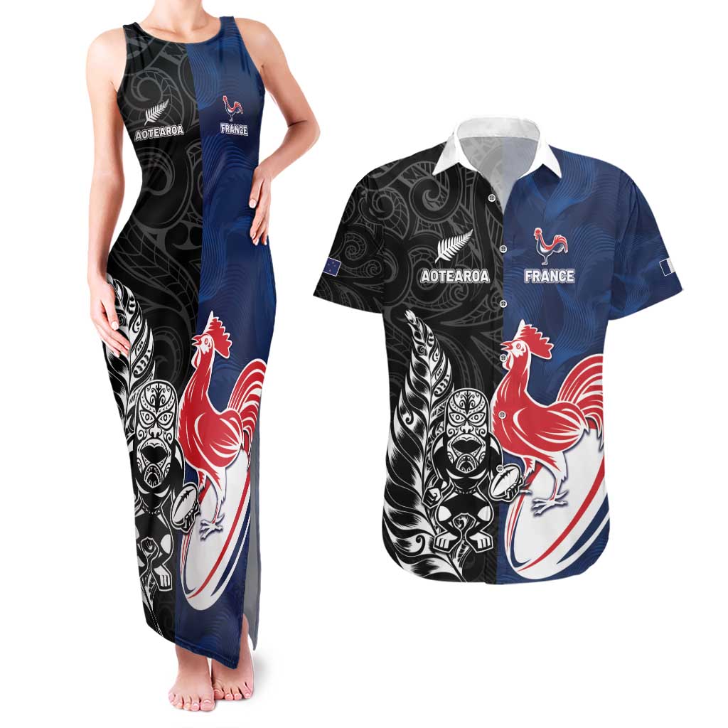 France And New Zealand Rugby Custom Couples Matching Tank Maxi Dress and Hawaiian Shirt Les Bleus Rooster With Maori Tiki - Wonder Print Shop