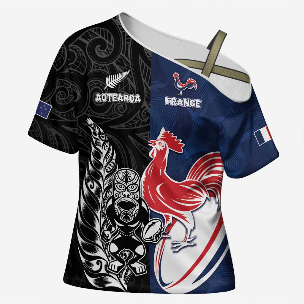 France And New Zealand Rugby Custom Cross Shoulder Shirt Les Bleus Rooster With Maori Tiki - Wonder Print Shop