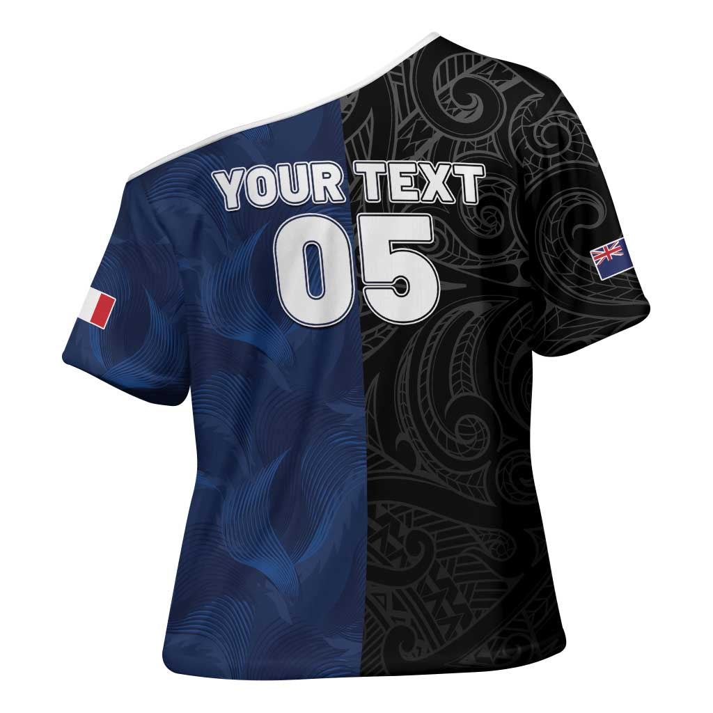 France And New Zealand Rugby Custom Cross Shoulder Shirt Les Bleus Rooster With Maori Tiki - Wonder Print Shop