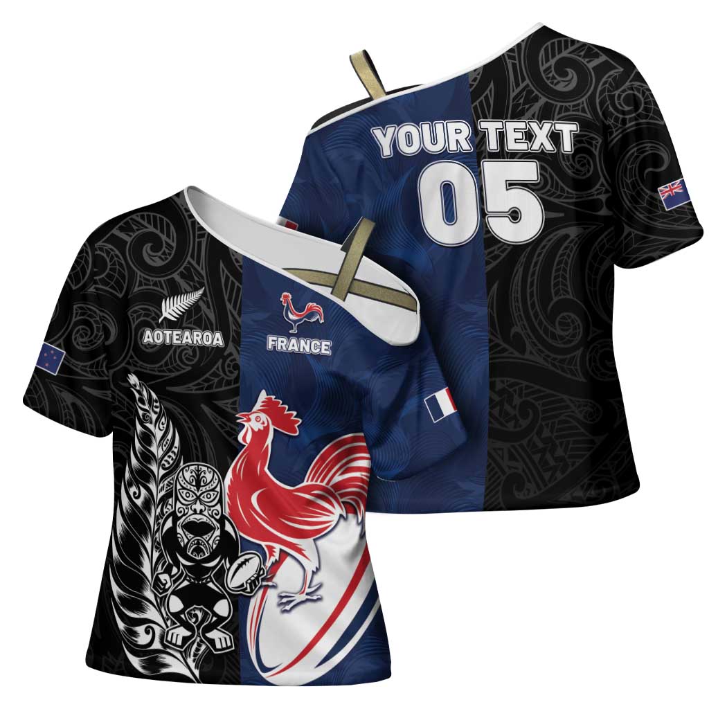 France And New Zealand Rugby Custom Cross Shoulder Shirt Les Bleus Rooster With Maori Tiki - Wonder Print Shop