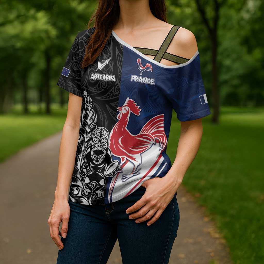 France And New Zealand Rugby Custom Cross Shoulder Shirt Les Bleus Rooster With Maori Tiki - Wonder Print Shop