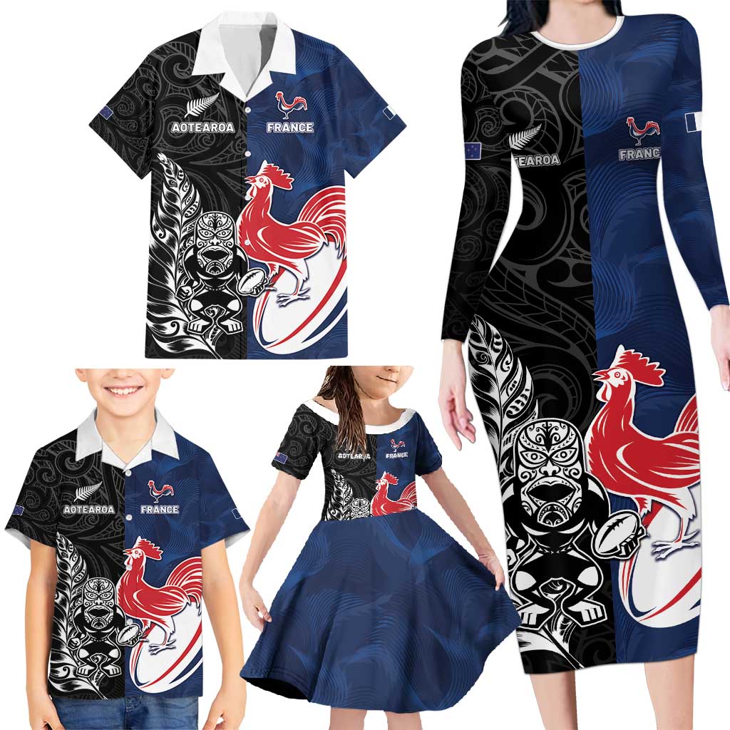 France And New Zealand Rugby Custom Family Matching Long Sleeve Bodycon Dress and Hawaiian Shirt Les Bleus Rooster With Maori Tiki - Wonder Print Shop