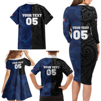France And New Zealand Rugby Custom Family Matching Long Sleeve Bodycon Dress and Hawaiian Shirt Les Bleus Rooster With Maori Tiki - Wonder Print Shop