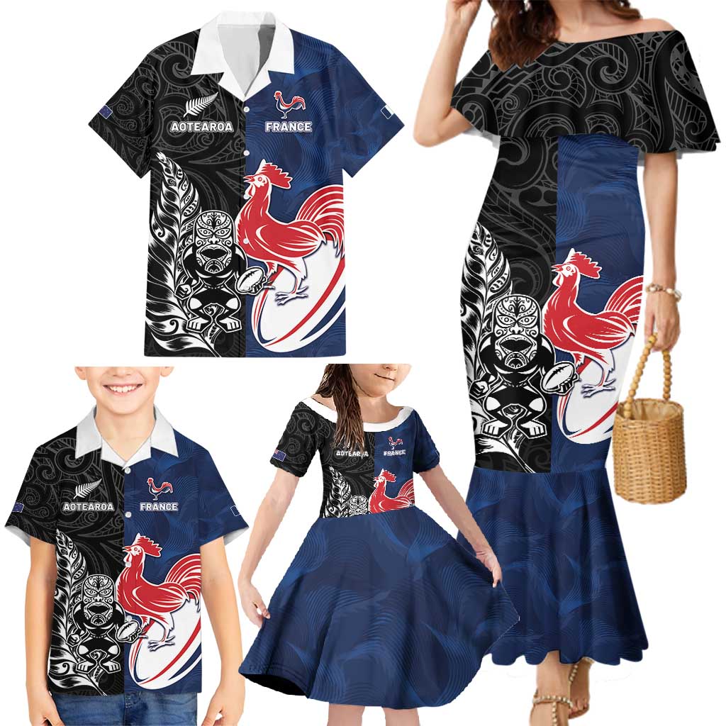 France And New Zealand Rugby Custom Family Matching Mermaid Dress and Hawaiian Shirt Les Bleus Rooster With Maori Tiki - Wonder Print Shop