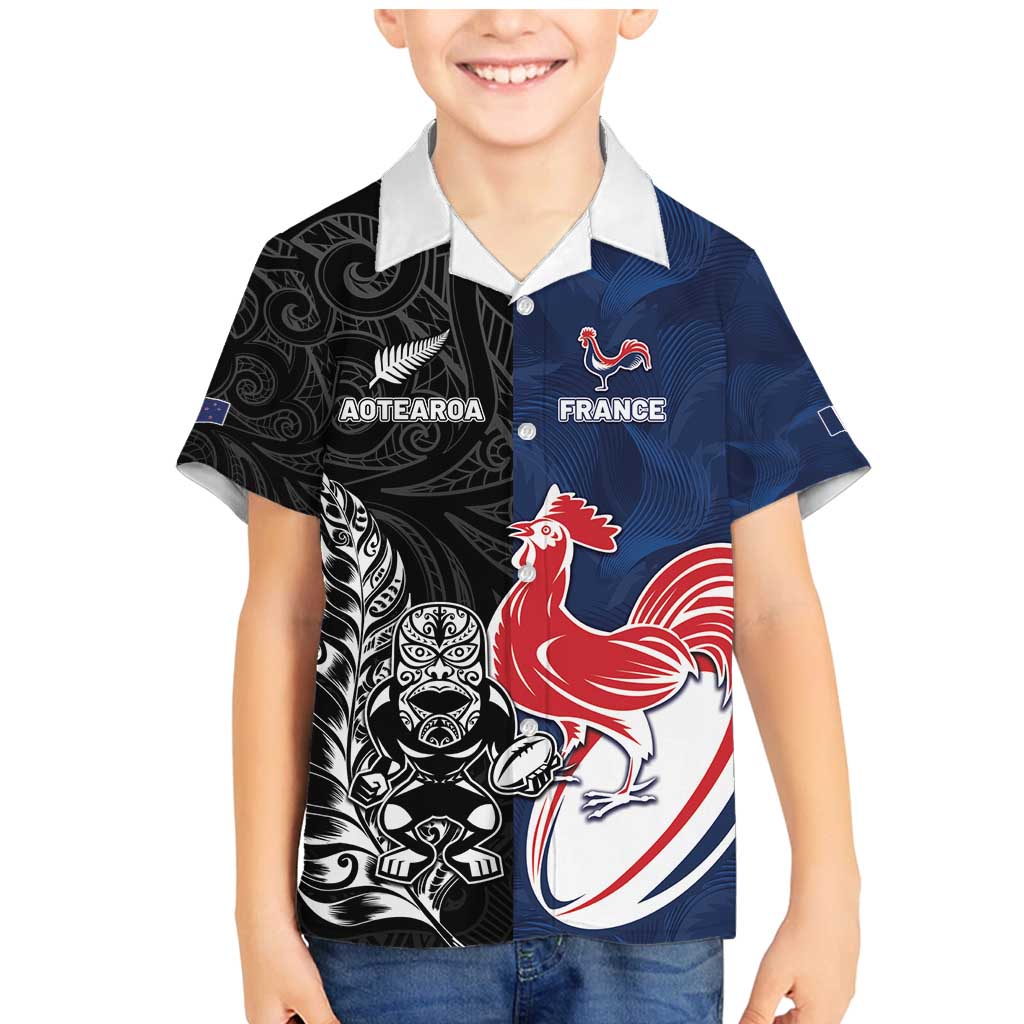 France And New Zealand Rugby Custom Family Matching Mermaid Dress and Hawaiian Shirt Les Bleus Rooster With Maori Tiki - Wonder Print Shop