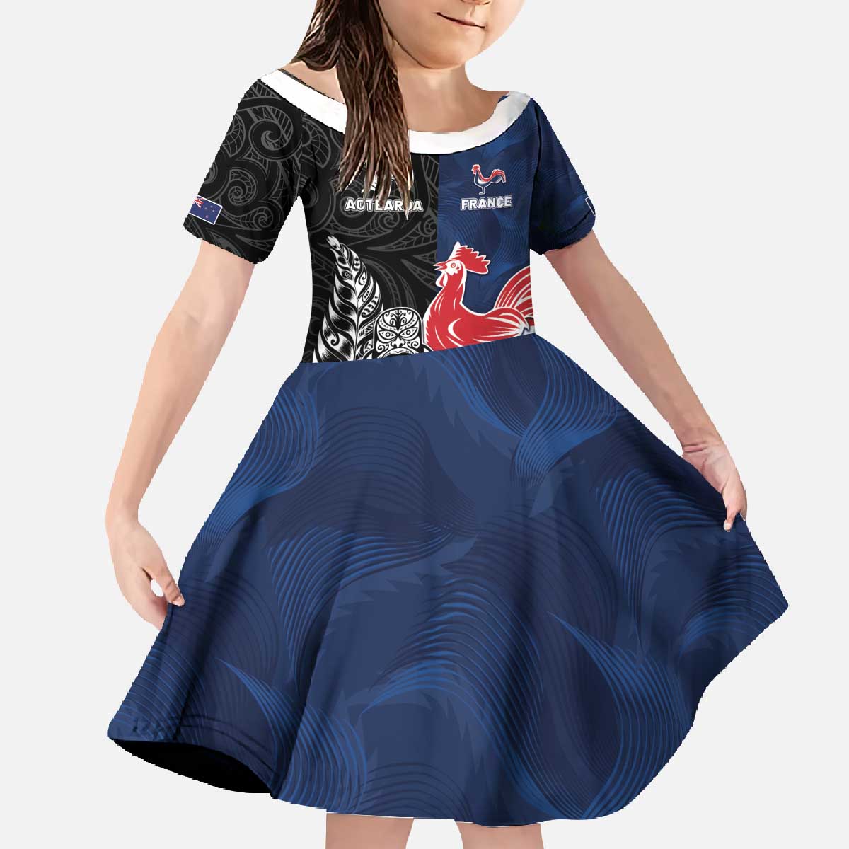 France And New Zealand Rugby Custom Family Matching Off The Shoulder Long Sleeve Dress and Hawaiian Shirt Les Bleus Rooster With Maori Tiki - Wonder Print Shop