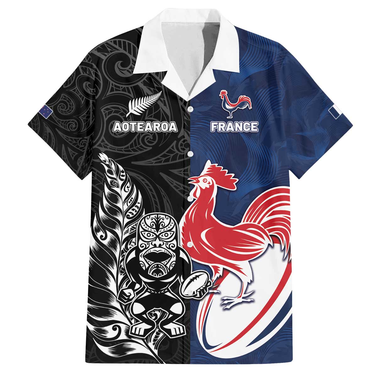 France And New Zealand Rugby Custom Family Matching Off The Shoulder Long Sleeve Dress and Hawaiian Shirt Les Bleus Rooster With Maori Tiki - Wonder Print Shop
