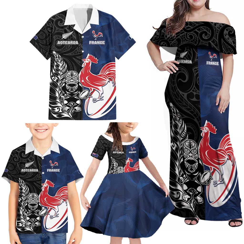 France And New Zealand Rugby Custom Family Matching Off Shoulder Maxi Dress and Hawaiian Shirt Les Bleus Rooster With Maori Tiki - Wonder Print Shop