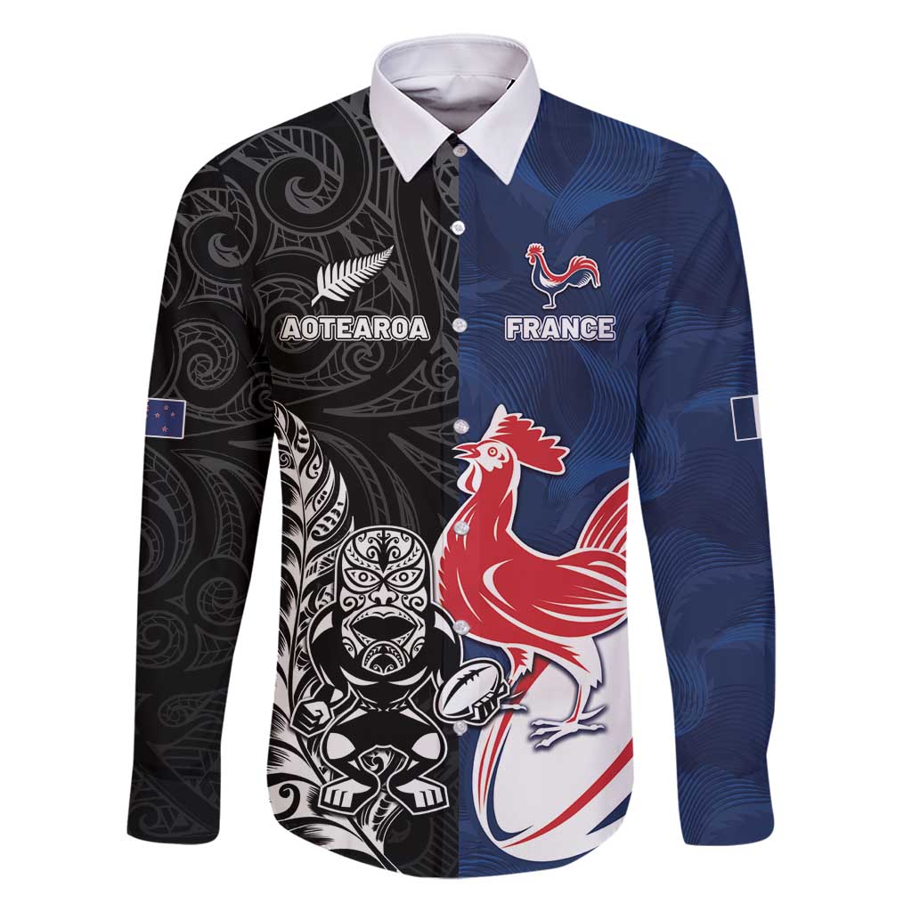 France And New Zealand Rugby Custom Family Matching Off Shoulder Maxi Dress and Hawaiian Shirt Les Bleus Rooster With Maori Tiki - Wonder Print Shop