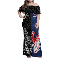 France And New Zealand Rugby Custom Family Matching Off Shoulder Maxi Dress and Hawaiian Shirt Les Bleus Rooster With Maori Tiki - Wonder Print Shop
