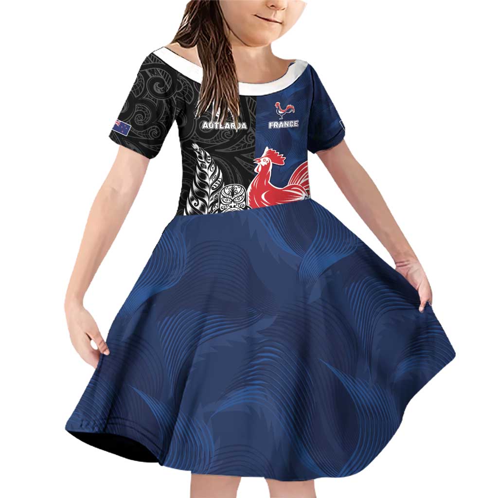 France And New Zealand Rugby Custom Family Matching Off Shoulder Short Dress and Hawaiian Shirt Les Bleus Rooster With Maori Tiki - Wonder Print Shop