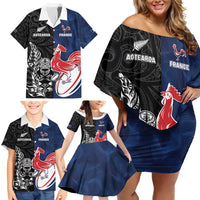 France And New Zealand Rugby Custom Family Matching Off Shoulder Short Dress and Hawaiian Shirt Les Bleus Rooster With Maori Tiki - Wonder Print Shop