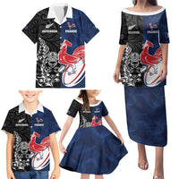 France And New Zealand Rugby Custom Family Matching Puletasi and Hawaiian Shirt Les Bleus Rooster With Maori Tiki - Wonder Print Shop