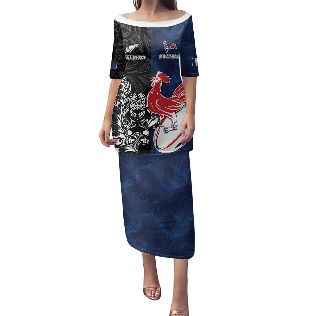 France And New Zealand Rugby Custom Family Matching Puletasi and Hawaiian Shirt Les Bleus Rooster With Maori Tiki - Wonder Print Shop