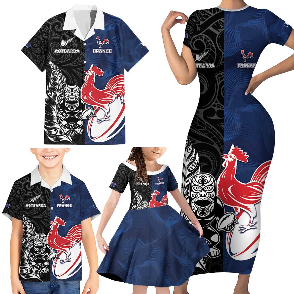 France And New Zealand Rugby Custom Family Matching Short Sleeve Bodycon Dress and Hawaiian Shirt Les Bleus Rooster With Maori Tiki - Wonder Print Shop