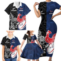 France And New Zealand Rugby Custom Family Matching Short Sleeve Bodycon Dress and Hawaiian Shirt Les Bleus Rooster With Maori Tiki - Wonder Print Shop