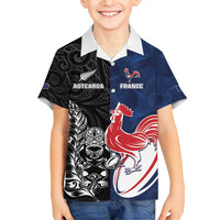 France And New Zealand Rugby Custom Family Matching Short Sleeve Bodycon Dress and Hawaiian Shirt Les Bleus Rooster With Maori Tiki - Wonder Print Shop