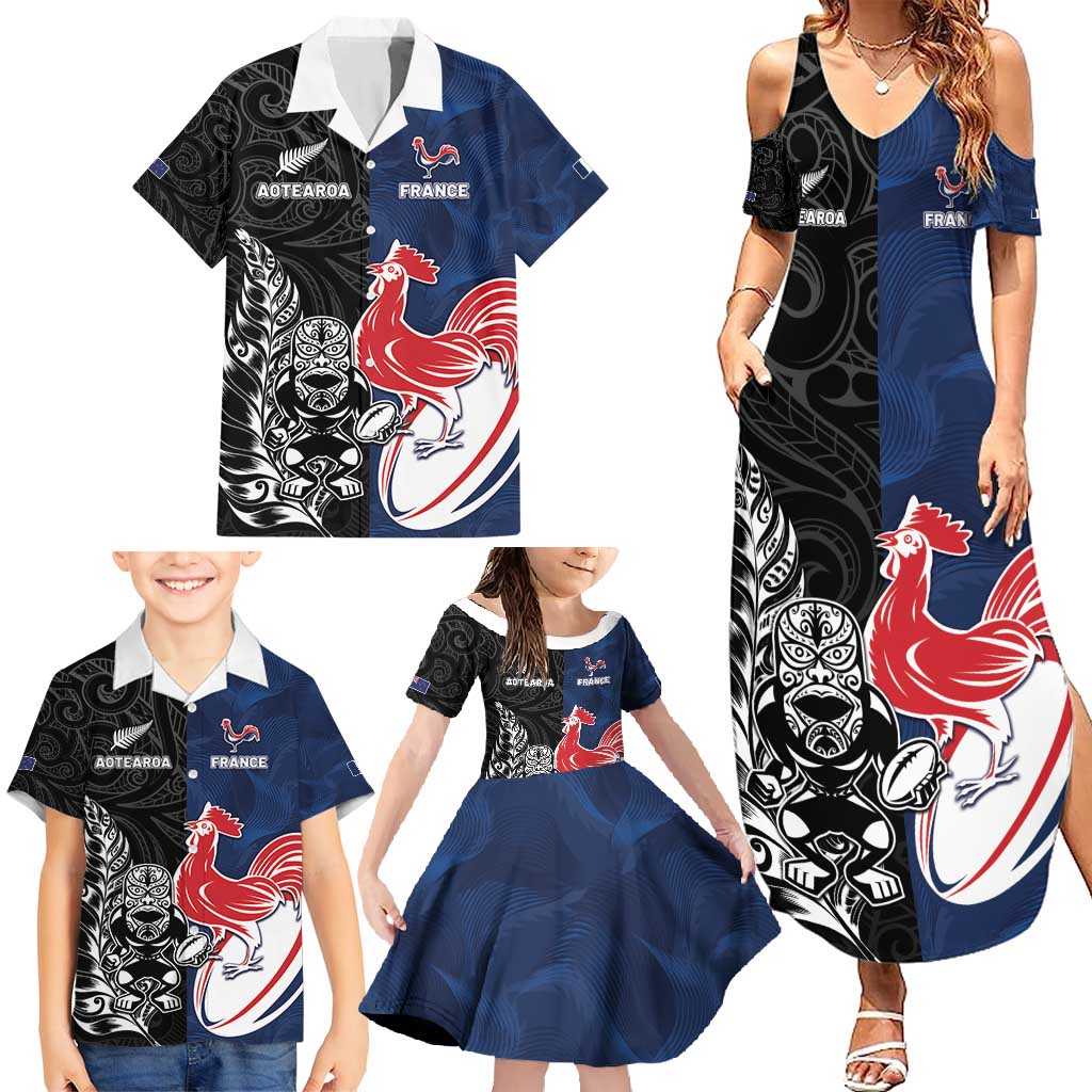 France And New Zealand Rugby Custom Family Matching Summer Maxi Dress and Hawaiian Shirt Les Bleus Rooster With Maori Tiki - Wonder Print Shop