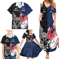 France And New Zealand Rugby Custom Family Matching Summer Maxi Dress and Hawaiian Shirt Les Bleus Rooster With Maori Tiki - Wonder Print Shop