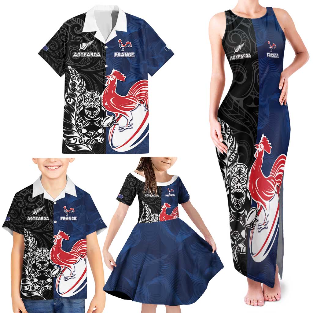 France And New Zealand Rugby Custom Family Matching Tank Maxi Dress and Hawaiian Shirt Les Bleus Rooster With Maori Tiki - Wonder Print Shop