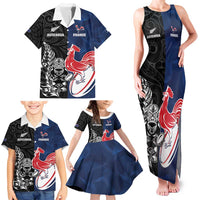 France And New Zealand Rugby Custom Family Matching Tank Maxi Dress and Hawaiian Shirt Les Bleus Rooster With Maori Tiki - Wonder Print Shop