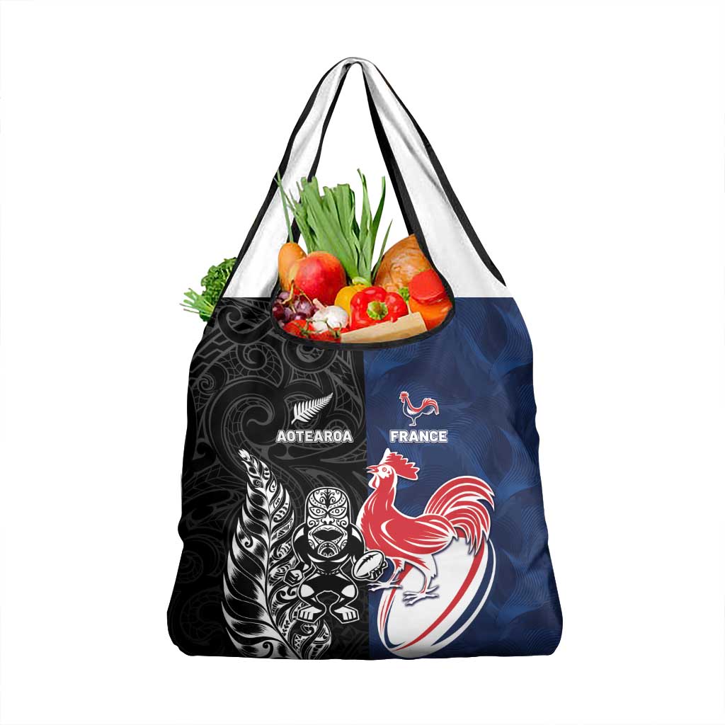 France And New Zealand Rugby Grocery Bag Les Bleus Rooster With Maori Tiki - Wonder Print Shop