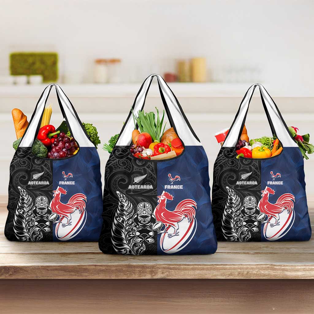 France And New Zealand Rugby Grocery Bag Les Bleus Rooster With Maori Tiki - Wonder Print Shop