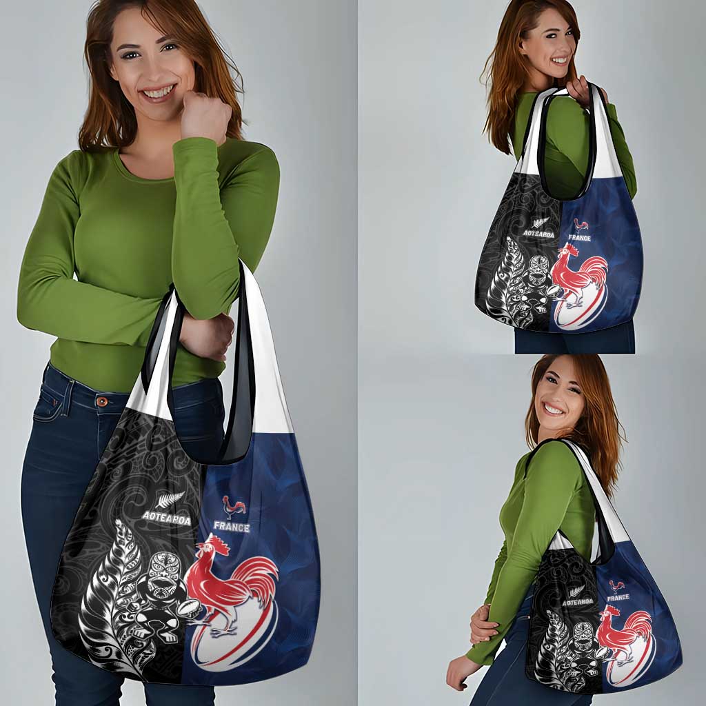 France And New Zealand Rugby Grocery Bag Les Bleus Rooster With Maori Tiki - Wonder Print Shop