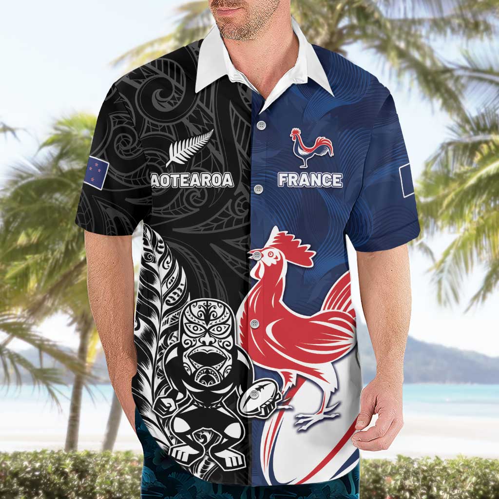 France And New Zealand Rugby Custom Hawaiian Shirt Les Bleus Rooster With Maori Tiki - Wonder Print Shop