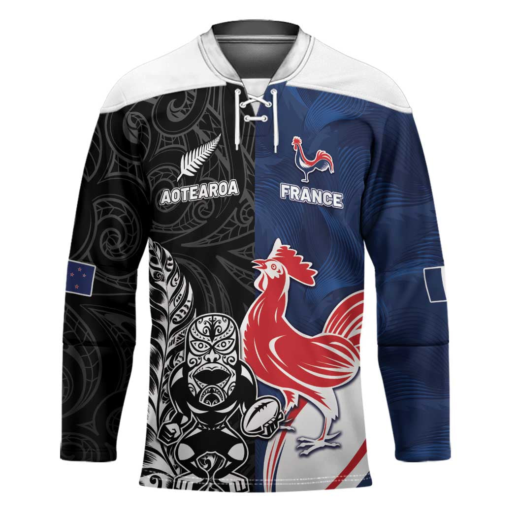France And New Zealand Rugby Custom Hockey Jersey Les Bleus Rooster With Maori Tiki - Wonder Print Shop