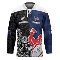 France And New Zealand Rugby Custom Hockey Jersey Les Bleus Rooster With Maori Tiki - Wonder Print Shop