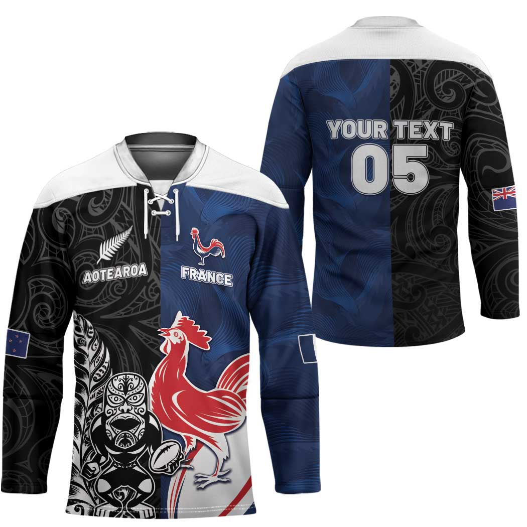 France And New Zealand Rugby Custom Hockey Jersey Les Bleus Rooster With Maori Tiki - Wonder Print Shop