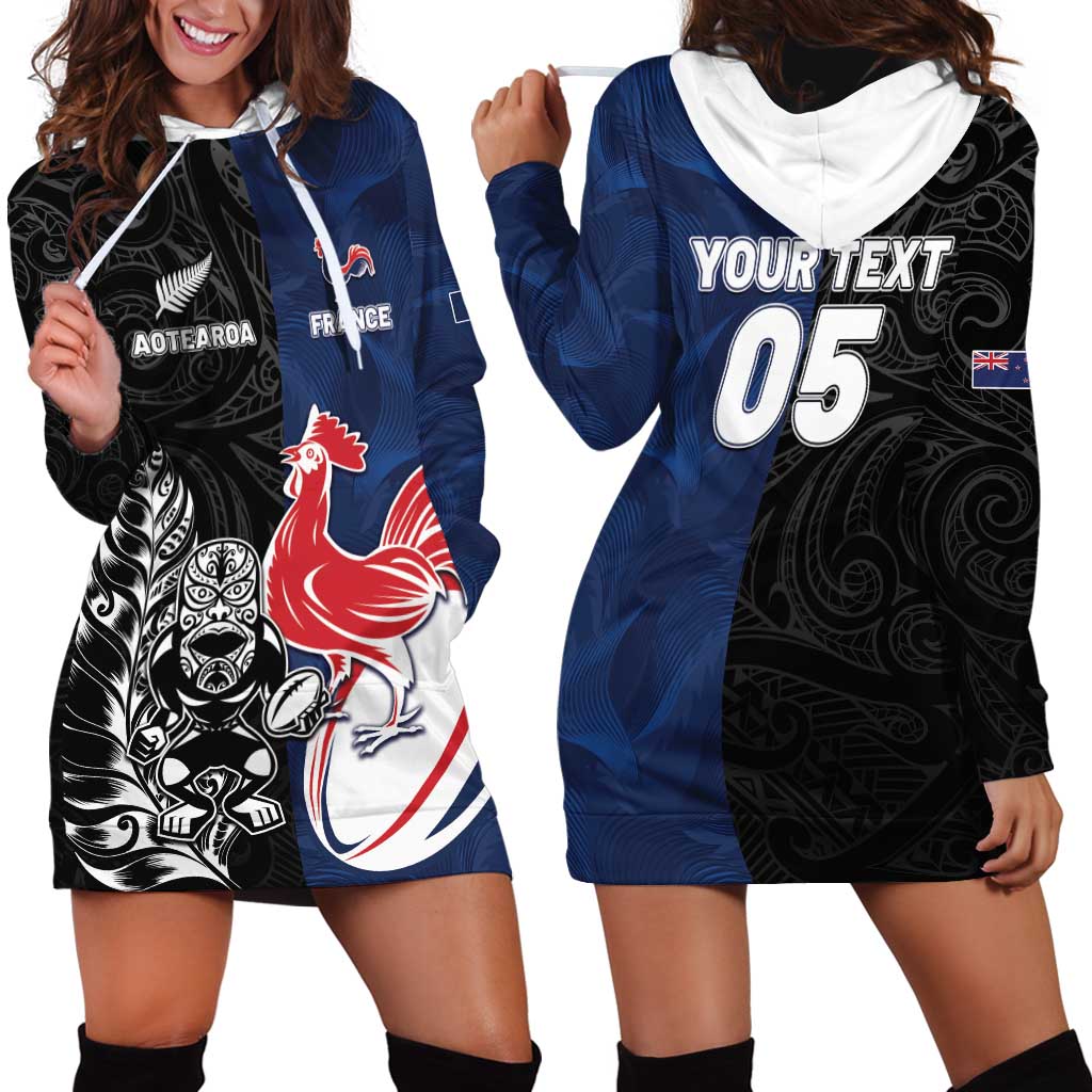 France And New Zealand Rugby Custom Hoodie Dress Les Bleus Rooster With Maori Tiki - Wonder Print Shop