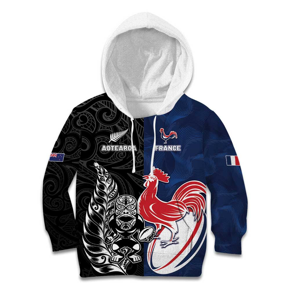 France And New Zealand Rugby Custom Kid Hoodie Les Bleus Rooster With Maori Tiki - Wonder Print Shop