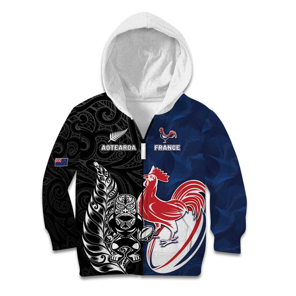 France And New Zealand Rugby Custom Kid Hoodie Les Bleus Rooster With Maori Tiki - Wonder Print Shop