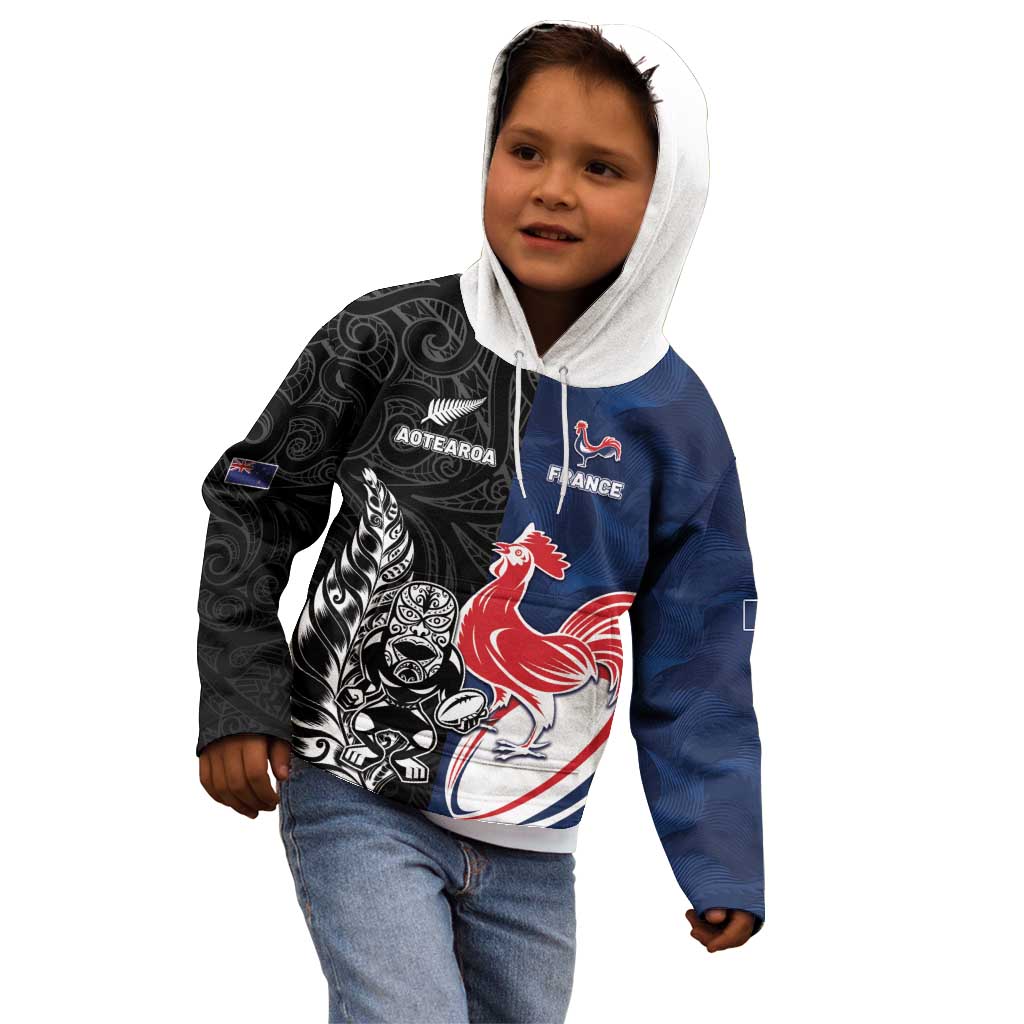 France And New Zealand Rugby Custom Kid Hoodie Les Bleus Rooster With Maori Tiki - Wonder Print Shop