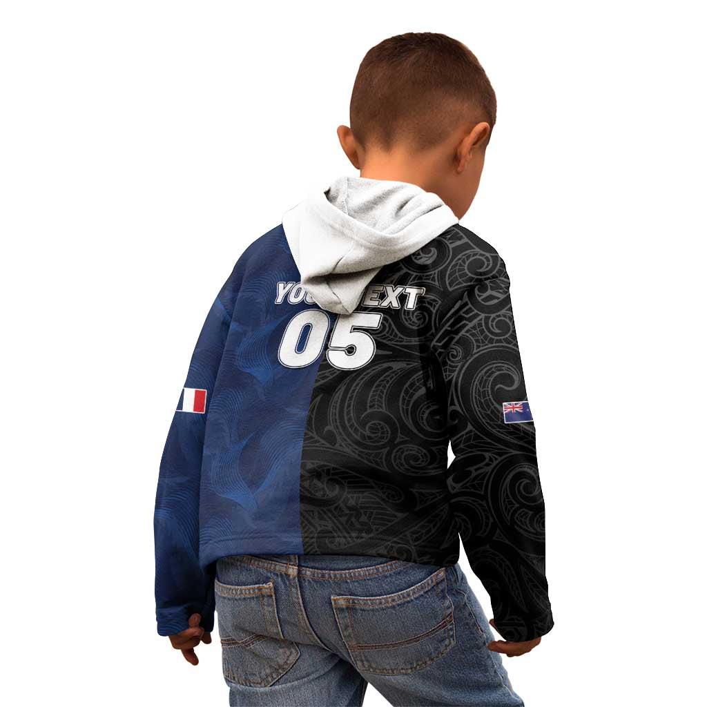 France And New Zealand Rugby Custom Kid Hoodie Les Bleus Rooster With Maori Tiki - Wonder Print Shop