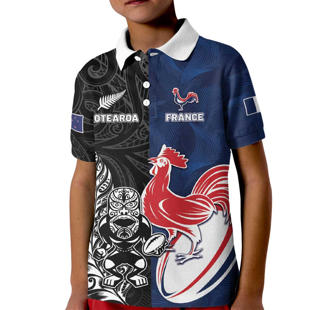 France And New Zealand Rugby Custom Kid Polo Shirt Les Bleus Rooster With Maori Tiki - Wonder Print Shop